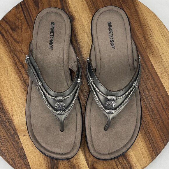 Minnetonka Silverthorne 5909041 Womens 11 M Gray Pewter Comfort Thong Sandals - Picture 13 of 14